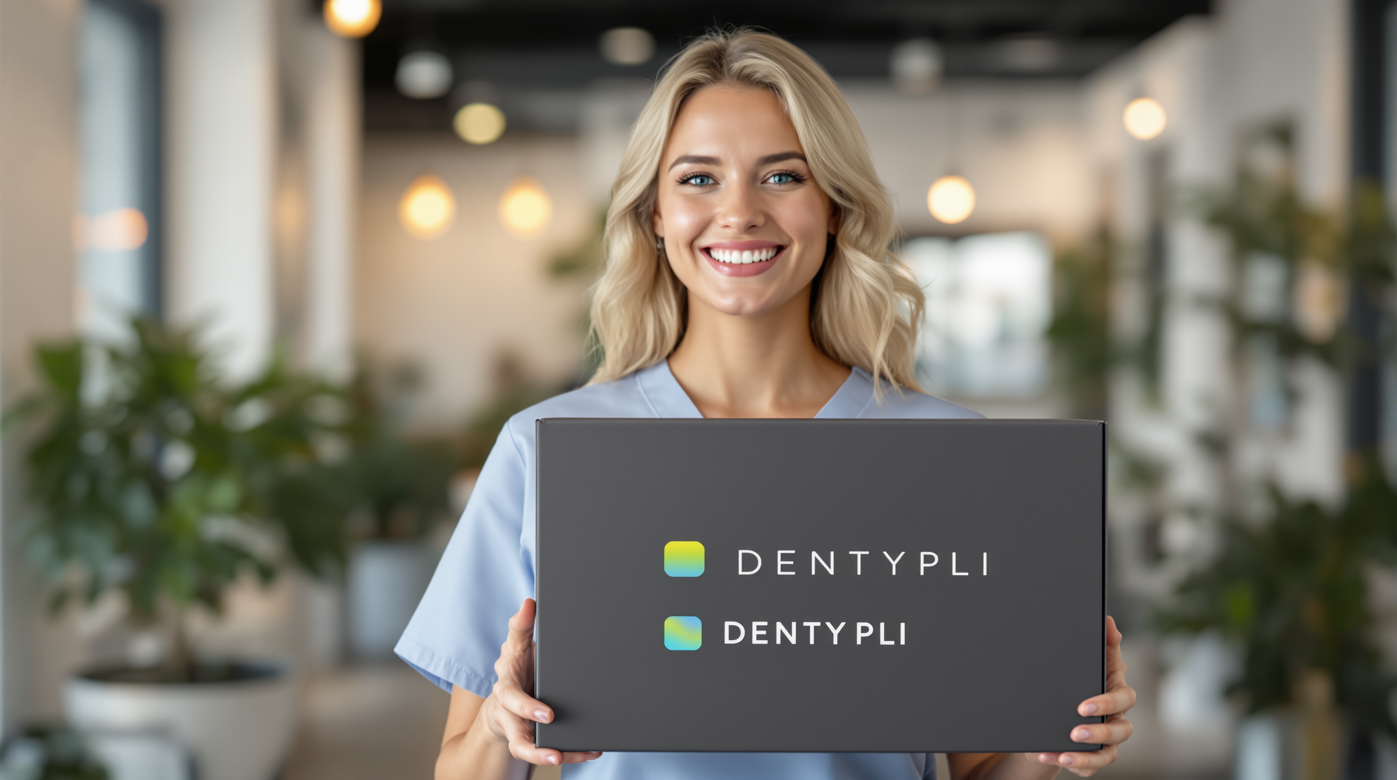 DENTYPLI delivery professional holding branded package at dental office