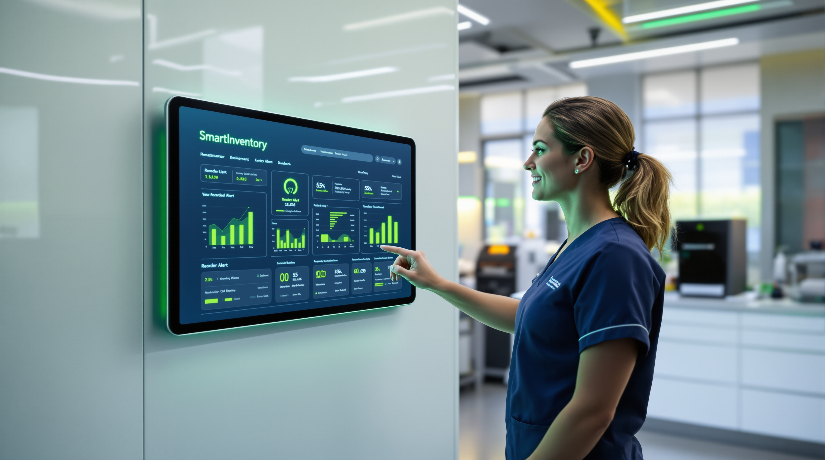 Modern dental laboratory with dental assistant using wall-mounted SmartStock App dashboard