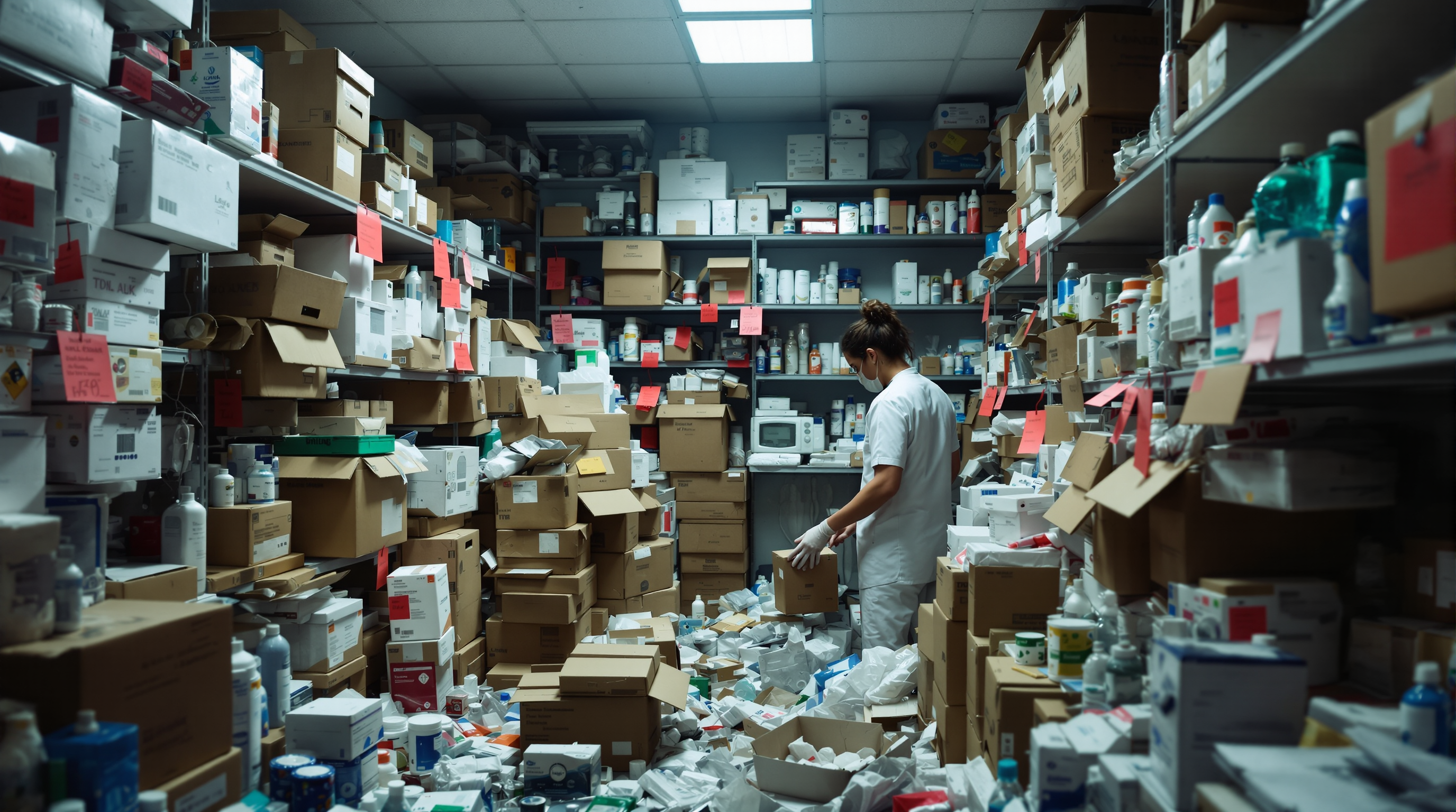 Cluttered dental supply storage room with disorganized inventory